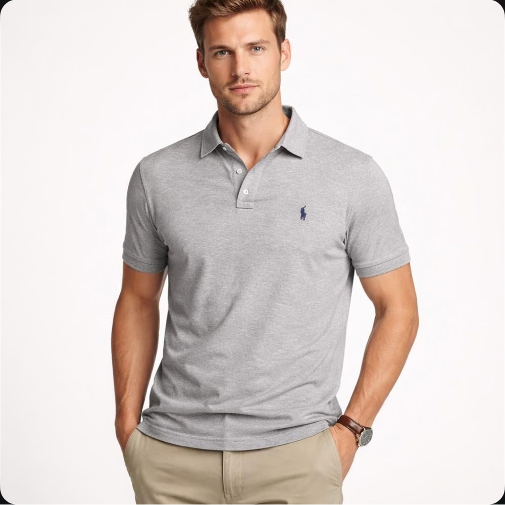 Men's Ralph Lauren Polo Shirt Heather Gray Navy Pony Classic Fit Size Medium